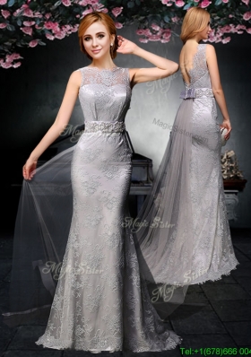 Lovely Belted and Laced Backless Grey Prom Dress with Watteau Train
