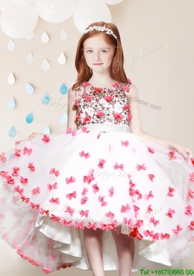Cheap Applique and Laced High Low Flower Girl Dress in White and Red