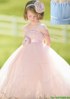 Pretty Straps Baby Pink Flower Girl Dress with Hand Made Flower