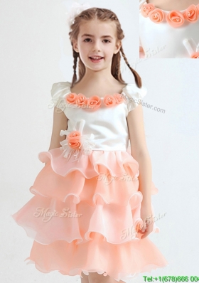 2017 Handcrafted Flower and Ruffled Layers Flower Girl Dress in White and Peach