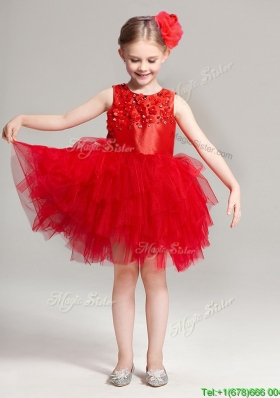 2017 Luxurious Scoop Red Flower Girl Dress with Appliques and Ruffles