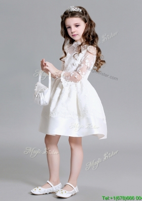 Affordable High Neck Laced Flower Girl Dress with Long Sleeves