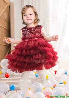 Lovely Wine Red Short Flower Girl Dress with Sequins and Ruffled Layers