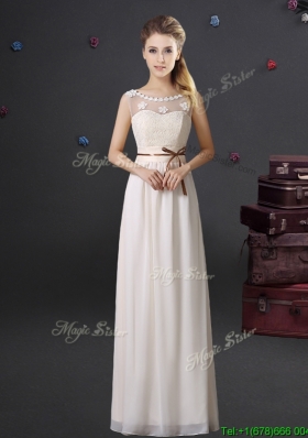 Classical See Through Scoop Laced and Belted Prom Dress with Appliques