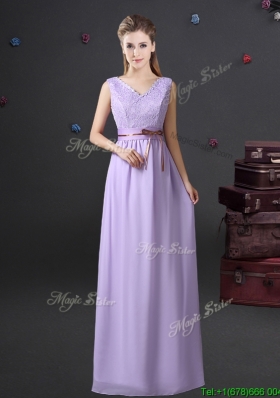 Exclusive Empire V Neck Lavender Prom Dress with Lace and Belt