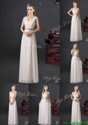 Elegant Laced and Belted Chiffon Long Dama Dress in Off White
