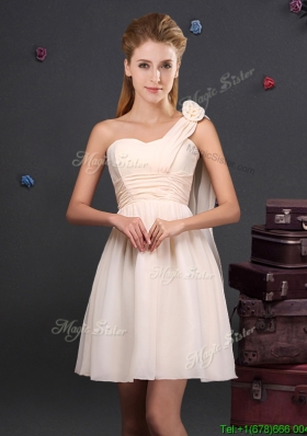 Sweet Handmade Flower and Ruched Dama Dress with One Shoulder