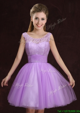 Unique See Through Laced and Ruched Lilac Dama Dress in Tulle