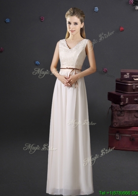 Cheap V Neck Belted and Laced Off White Bridesmaid Dress in Chiffon