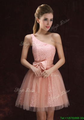 Modest A Line One Shoulder Laced Short Bridesmaid Dress in Pink