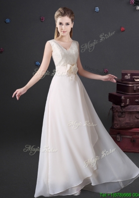 New Style V Neck Laced and Bowknot Chiffon Bridesmaid Dress in White