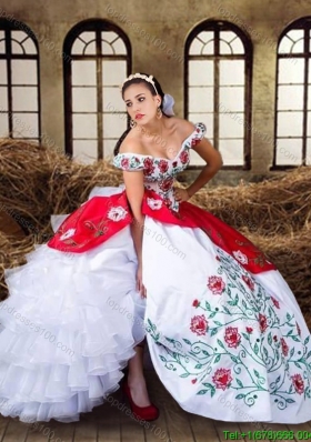 Wild West Elegant Off The Shoulder Organza Quinceanera Dress with Embroidery and Ruffled Layers