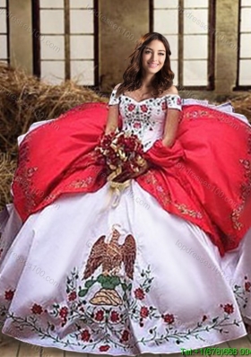 Best Selling Embroideried and Ruffled Layers Taffeta White and Red Quinceanera Dress
