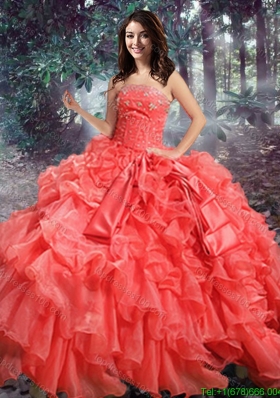 Western Theme Top Seller Strapless Beaded and Ruffled Organza Quinceanera Gown in Coral Red