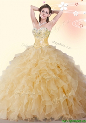 Cheap Beaded and Ruffled Gold Quinceanera Dress in Organza