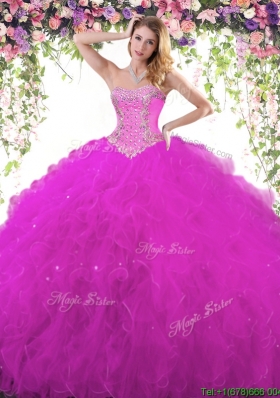 New Style Beaded and Ruffled Fuchsia Quinceanera Dress in Tulle