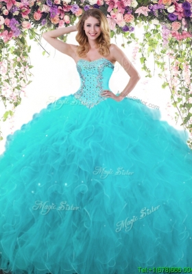 Simple Beaded and Ruffled Big Puffy Quinceanera Dress in Teal