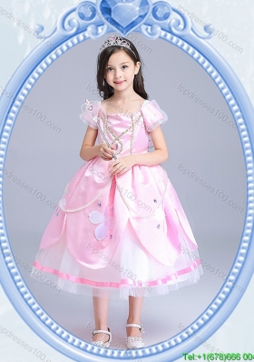 Halloween Best Zipper Up Baby Pink Little Girl Pageant Dress with Short Sleeves