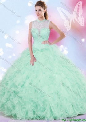 Cheap Beaded and Ruffled Apple Green Quinceanera Dress in Tulle for Spring
