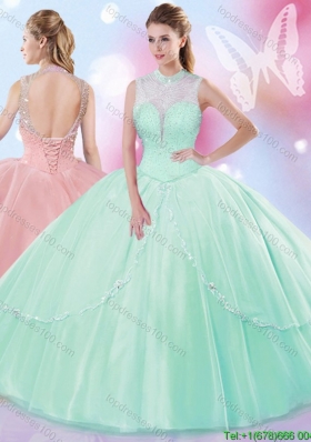 Fashionable High Neck Apple Green Quinceanera Dress with Beading for Spring