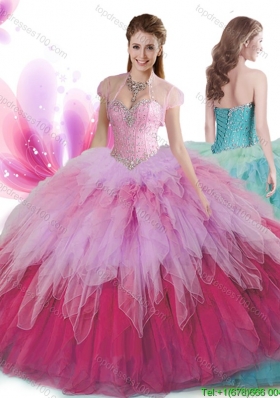 Visible Boning Beaded Bodice and Ruffled Quinceanera Dress in Rainbow
