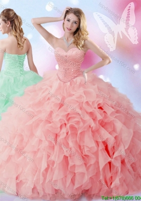 Lovely Beaded and Ruffled Quinceanera Dress in Watermelon Red