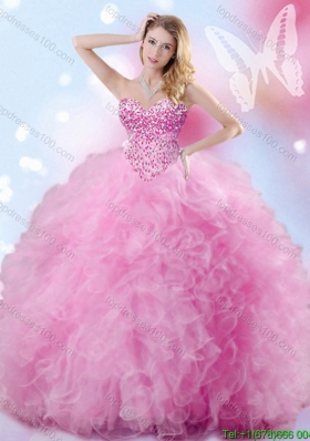 2016 Pretty Puffy Skirt Beaded Bodice Sweet 16 Dress in Rose Pink