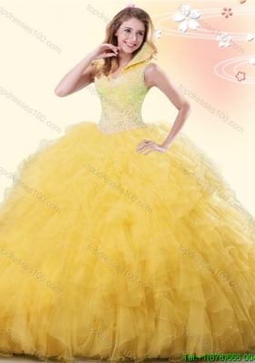 Classical High Neck Ruffled and Beaded Gold Quinceanera Dress in Tulle