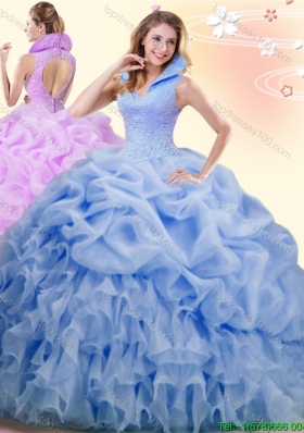 Elegant High Neck Pick Ups and Beaded Quinceanera Dress with Brush Train