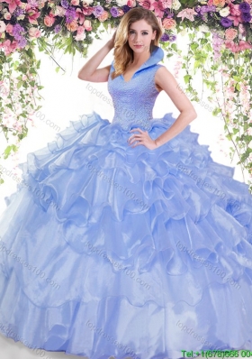 Fashionable High Neck Ruffled Layers and Beaded Quinceanera Dress in Organza