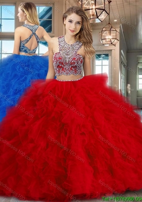 Gorgeous Brush Train Ruffled and Beaded Red Quinceanera Gown in Tulle
