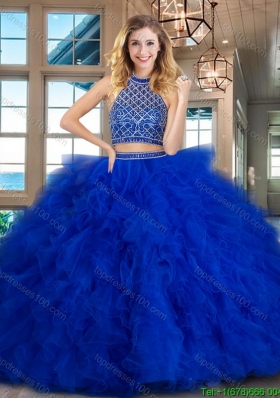 Modern Two Piece Beaded Bodice and Ruffled Sweet 16 Dress in Royal Blue