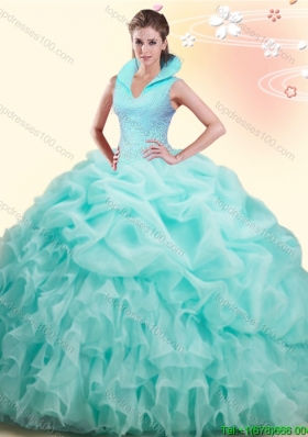 Popular High Neck Apple Green Quinceanera Dress with Beading and Pick Ups