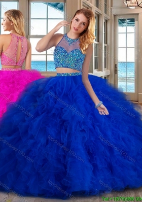 See Through Puffy High Neck Brush Train Two Piece Royal Blue Quinceanera Dresses