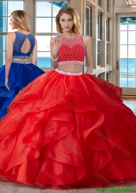 Simple Ball Gown Scoop Open Back Organza Red Quinceanera Dresses with Beading