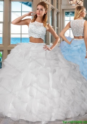 White Bateau Brush Train Side Zipper Two Piece Quinceanera Dresses with Beading