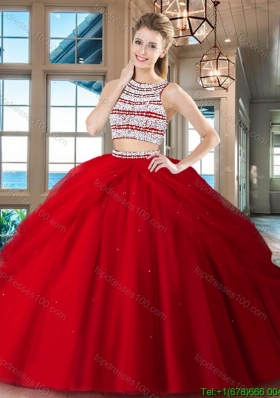 Wonderful Tulle Beaded and Bubble Open Back Quinceanera Dress in Red