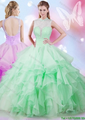 Modest Beaded and Ruffled High Neck Quinceanera Dress in Apple Green