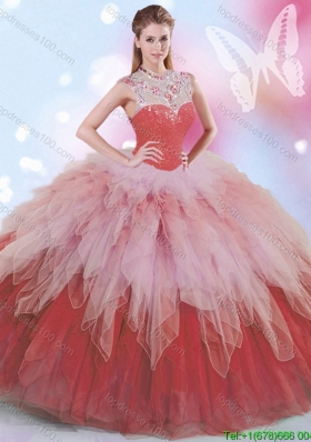 Classical High Neck Ruffled and Beaded Quinceanera Dress in Rainbow