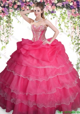 Fashionable Coral Red Organza Quinceanera Dress with Ruffled Layers and Beading