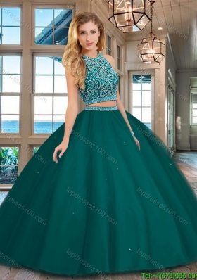 Cheap Two Piece Dark Green Open Back Tulle Quinceanera Dress with Beading