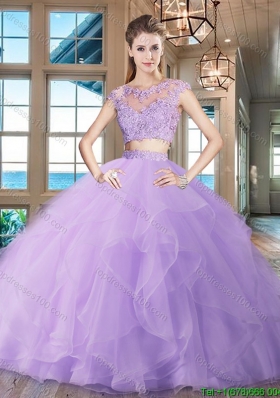 Latest Two Piece Brush Train Ruffled Organza Quinceanera Dress in Lavender