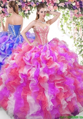 Lovely Big Puffy Rainbow Quinceanera Dress with Beading and Ruffles