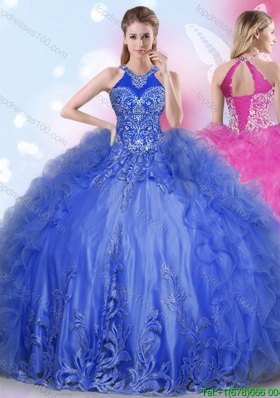 Wonderful Halter Top Ruffled and Applique Quinceanera Dress in Royal Blue