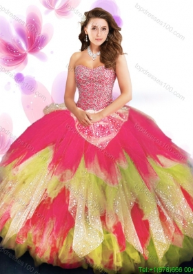 Fashionable Beaded Bodice and Ruffled Layers Tulle Quinceanera Dress in Rainbow