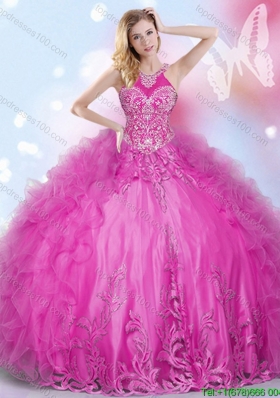 Latest Hot Pink Halter Top Quinceanera Dress with Ruffles and Appliques