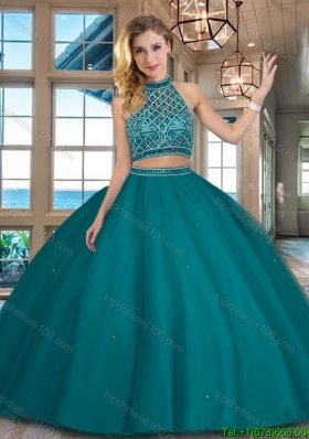 Perfect Beaded Decorated Halter Top and Bodice Teal Sweet 16 Dress in Tulle