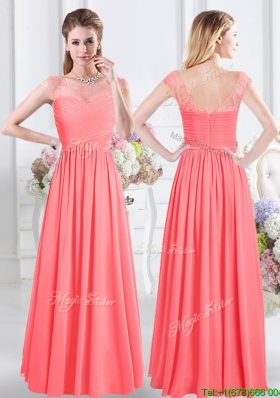 Affordable Scoop Ruched Bodice and Lace Decorated Cap Sleeves Dama Dress