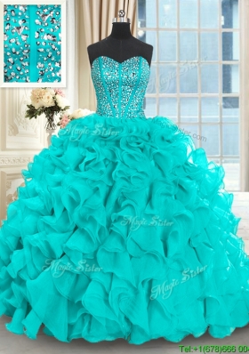 Luxurious Visible Boning Beaded Bodice Aquamarine Quinceanera Dress with Brush Train