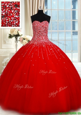 Romantic Big Puffy Tulle Beaded Bodice Red Quinceanera Dress with Sweetheart